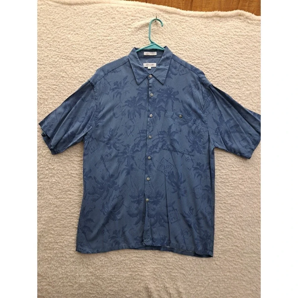 Pierre Cardin Hawaiian Shirt Mens Size L Button Up Short Sleeve 100% Rayon Blue